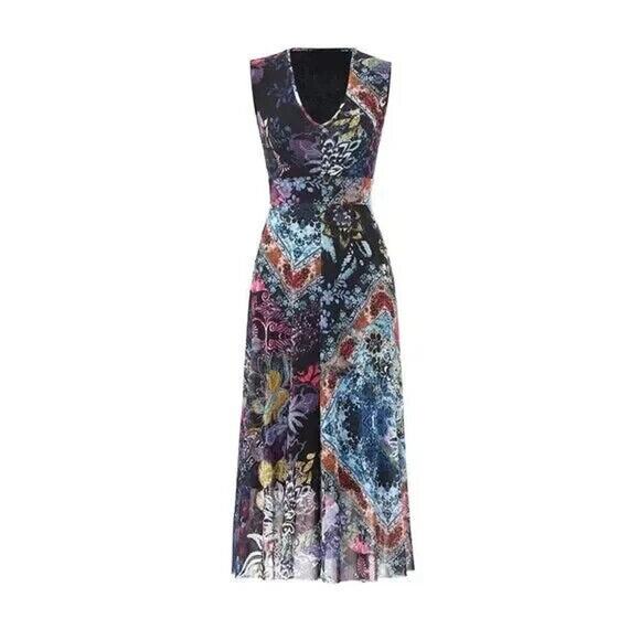 FUZZI Floral Patchwork Sleeveless Midi Dress Tulle V Neck A Line Fit Fla…